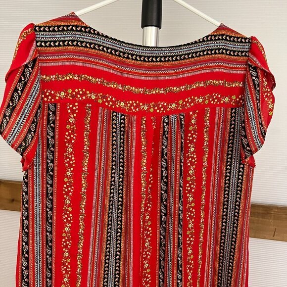 Loft Red Abstract Floral Stripe Scoop Neck Petal Short Sleeve Blouse Sz M - Picture 9 of 15
